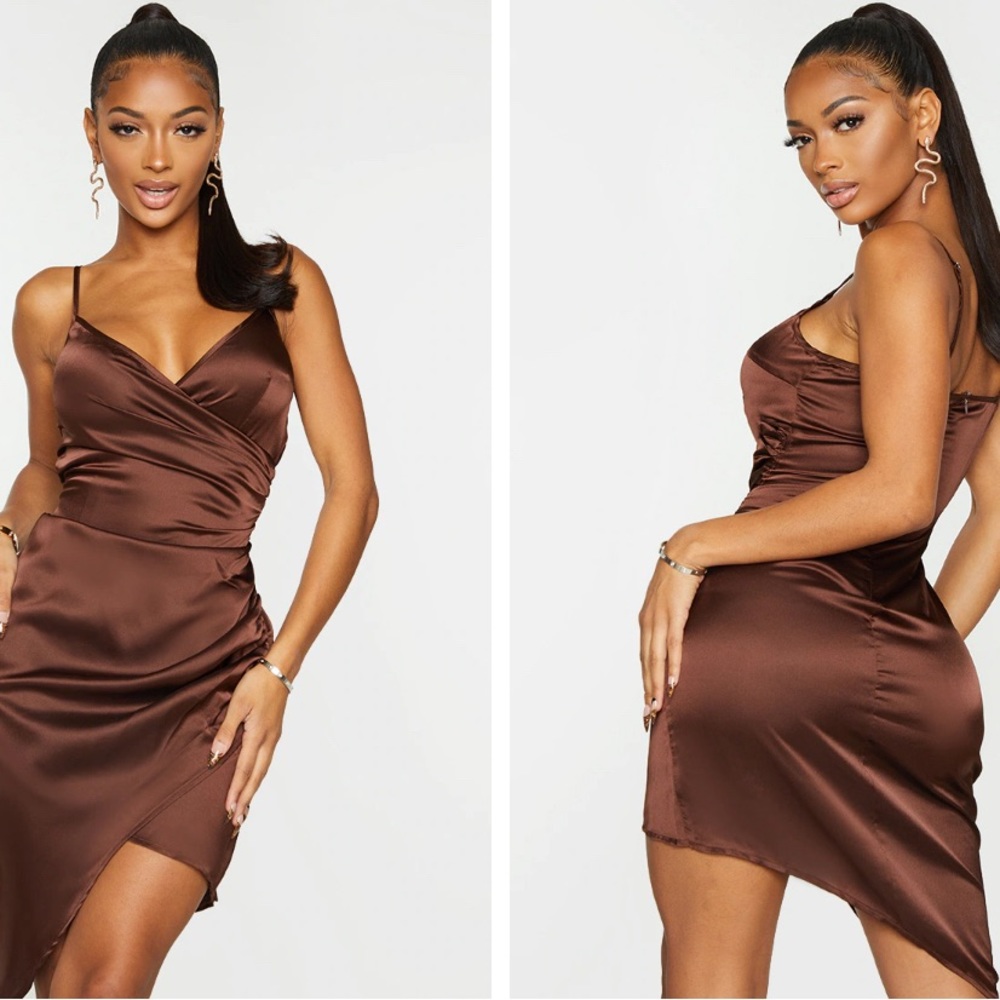PLT Shape Brown Satin Wrap Dress